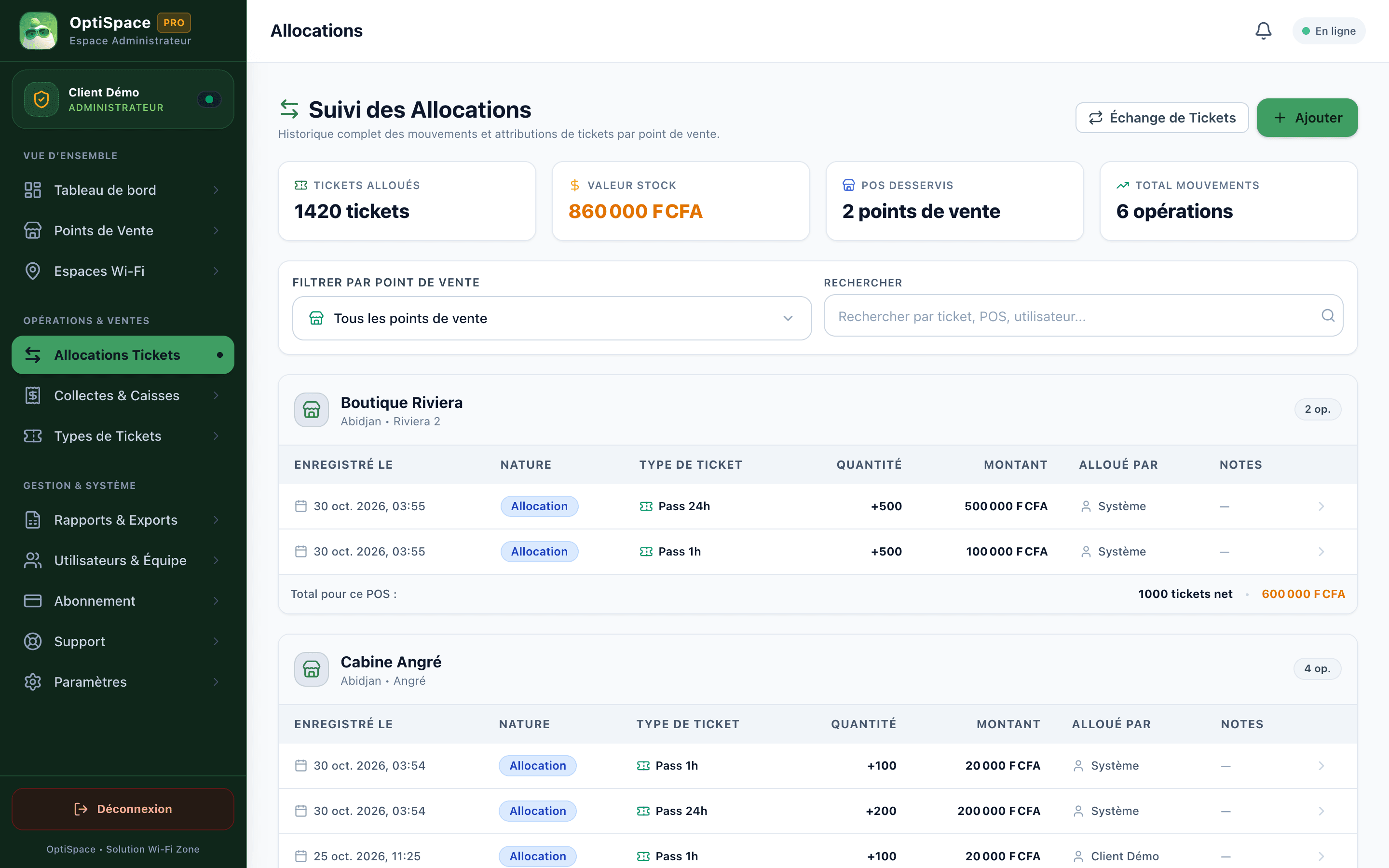 Écran OptiSpace : Allocations & échanges