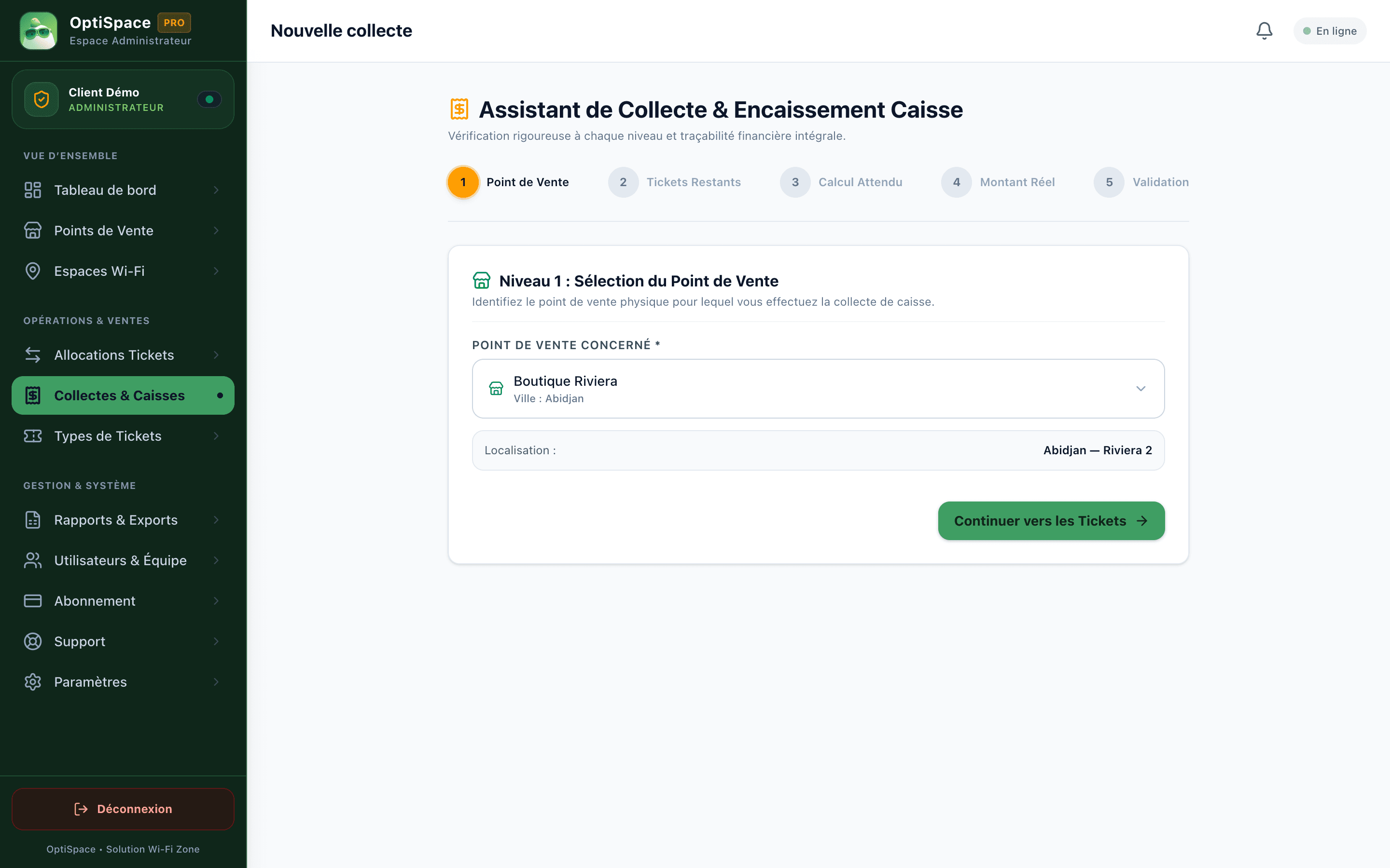 Écran OptiSpace : Assistant d'encaissement
