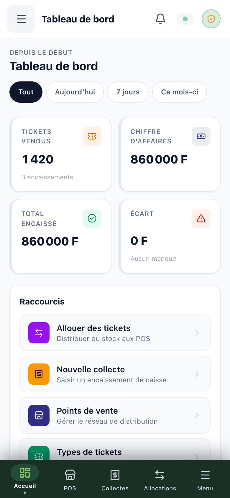 Tableau de bord OptiSpace sur téléphone