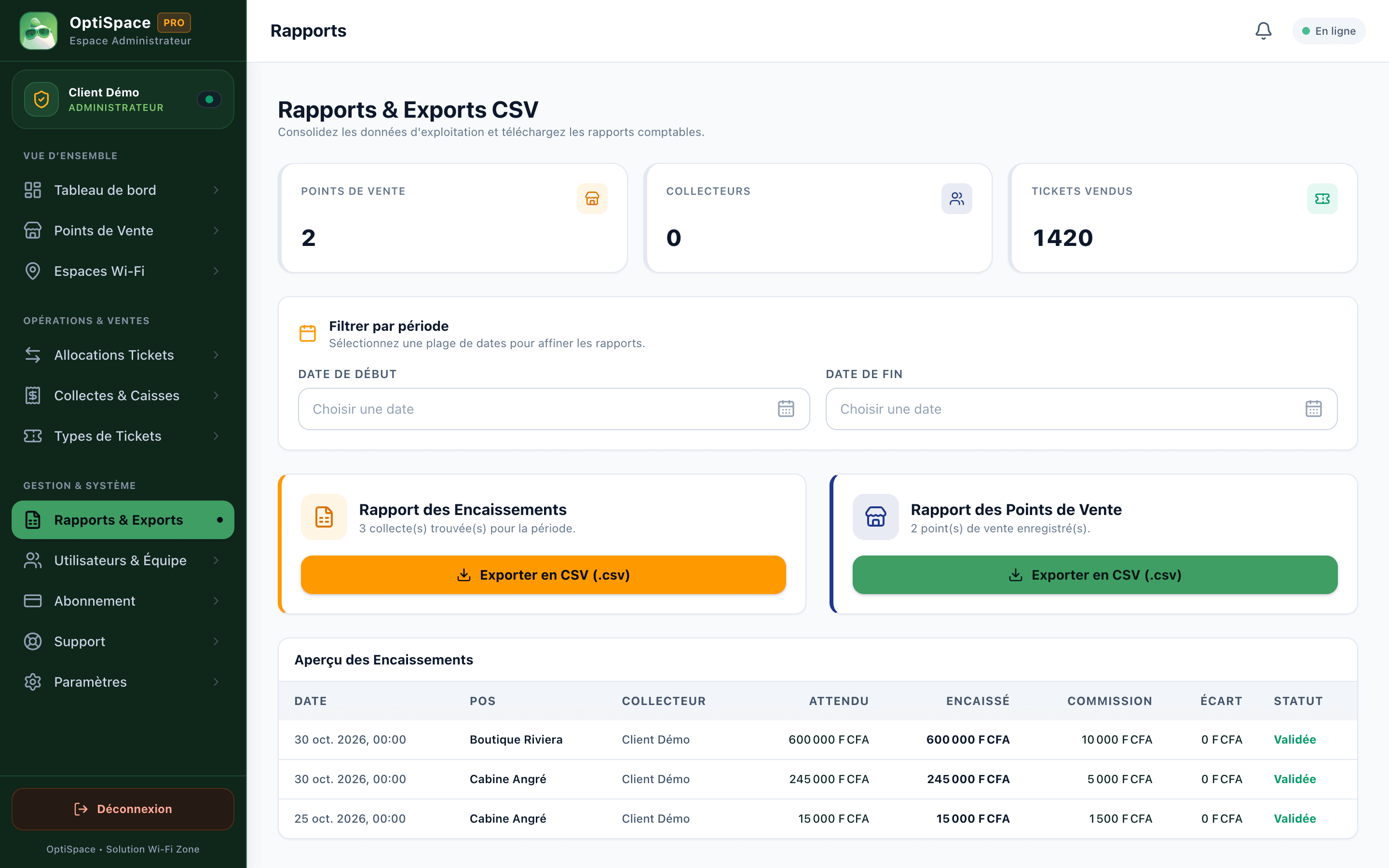 Écran OptiSpace : Rapports & exports